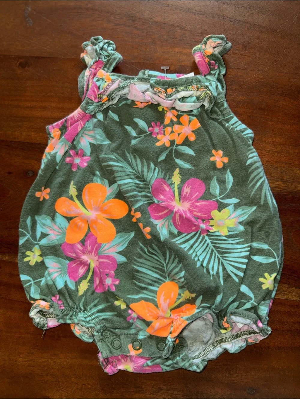 Carter's Green Floral Baby Romper with Pink & Orange Flowers